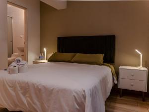利马Acogedor 2BR Miraflores - Tovar的一间卧室配有一张大床和两条毛巾