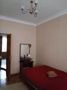 巴库Квартира в престижном районе Баку的一间卧室配有红色的床和镜子