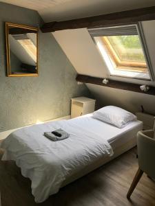 Katwijkde Zeilende kraay的一间卧室配有一张带镜子的床和窗户