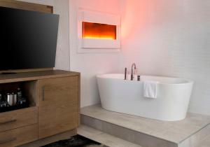 波基普西DoubleTree by Hilton Poughkeepsie的带浴缸的浴室和电视。