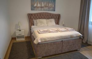 贝尔格莱德Belgrade Waterfront Comfortable Apartment的一间卧室配有一张大床和木制床头板
