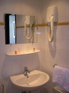 安纳马斯Hôtel Du Centre Annemasse的一间带水槽和镜子的浴室