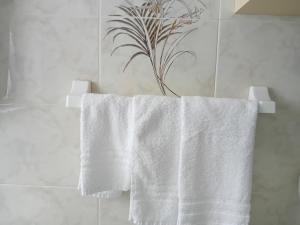 圣洛伦佐因巴纳莱Alloggio la Falesia的浴室毛巾架上的白色毛巾