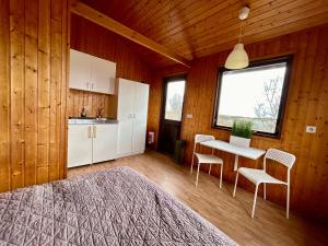 海拉Arhus Cottage and Camping的卧室配有一张床和一张桌子及椅子