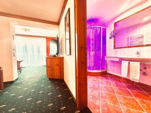 阿尔滕马克特蓬高乌尔比斯古特酒店的一间带紫色淋浴的浴室和一台电视