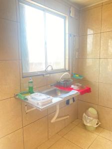 费拉迪圣安娜Flats com cozinha的一间带水槽和窗户的小浴室