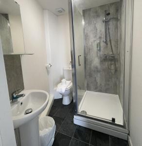 锡顿卡鲁The Norton- Hartlepool的带淋浴、盥洗盆和卫生间的浴室
