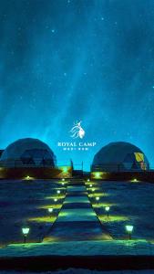 瓦迪拉姆ROYAl WADI RUM CAMP的灯光一排圆顶的夜视