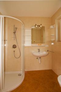 圣马蒂诺Gasthaus Jaufenblick的带淋浴和盥洗盆的浴室