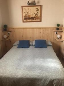 BerceoValvanera 30的卧室内的一张带两个蓝色枕头的床