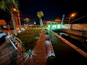 皮特什蒂Casa Anisia by Hypnotic的一条棕榈树的步道和一座夜间桥梁