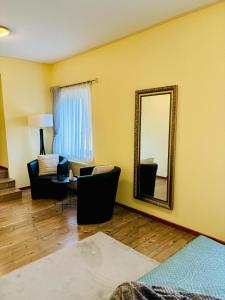 塔勒Themenhotel Rehlein的客厅配有镜子和沙发