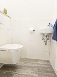 于伯林根Im Guggenbühl的白色的浴室设有卫生间和水槽。