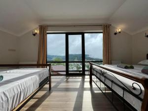 巴库里阿尼Mount Inn Villa的一间卧室设有两张床和大窗户