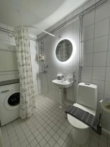 拉赫蒂VesiLahti RoofLevel Apartment的白色的浴室设有卫生间和水槽。