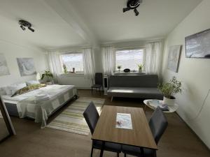 拉赫蒂VesiLahti RoofLevel Apartment的一间卧室配有一张床、一张桌子和一张沙发