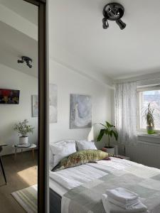 拉赫蒂VesiLahti RoofLevel Apartment的白色的卧室设有床和窗户