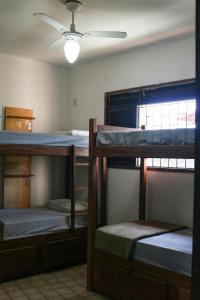 纳塔尔Get Up Hostel的客房设有三张双层床和吊扇。