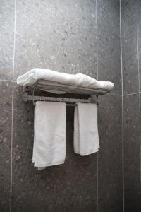 戈里察J&D Rooms Korce的毛巾架上备有3条白色毛巾