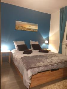 阿让Maison cosy au calme avec jardin的一间卧室设有一张蓝色墙壁的大床