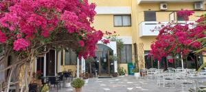 米尔托斯埃斯佩利兹酒店的庭院配有桌椅和粉红色的鲜花