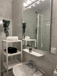 汉诺威OLIVE Apartments - 3x Kingsize Bedrooms - Free Parking的一间带水槽和镜子的浴室