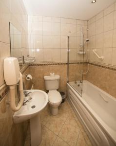 Bridgend边境酒店的浴室配有盥洗盆、卫生间和浴缸。