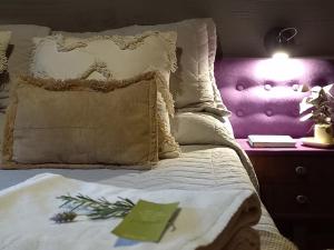 马德普拉塔Casa Bendita Pacha的一张带枕头的床和一张带台灯的桌子