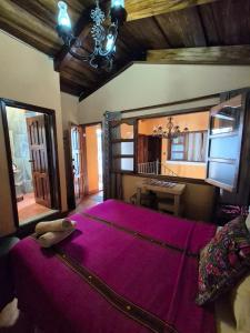 危地马拉安地瓜Hotel Casa Sofia的一间卧室配有一张大床和紫色毯子
