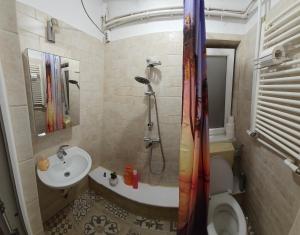 布加勒斯特Private room at Ceausescu's place in Old City Unirii Square的一间带水槽、卫生间和淋浴的浴室