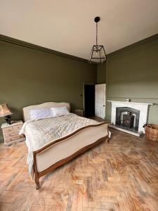 威尔斯浦Llanerchydol Hall Suites的一间卧室设有一张大床和一个壁炉