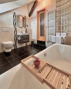 苏希采Apartmány Bašta & Wellness的带浴缸和卫生间的大型浴室