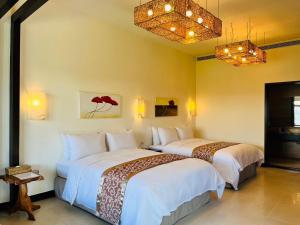 鹅銮鼻垦丁盘古拉渡假花园民宿的带吊灯的酒店客房内的两张床
