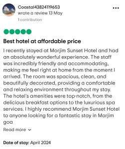 莫尔吉姆Morjim Sunset Hotel的一份关于酒店短信的截图