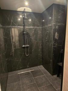 Flémalle-GrandeLes bulles d'or的带淋浴和黑色大理石墙壁的浴室