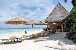 南威My Blue Hotel Zanzibar的海滩上设有椅子和遮阳伞,还有大海