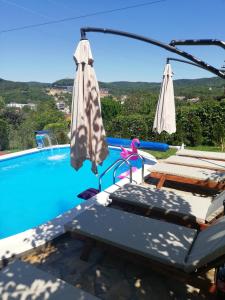 维尔蒂尼克Apartmani Radaković的享有带遮阳伞和椅子的游泳池的景色