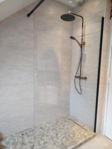 圣库隆CHEZ HÉLÈNE的浴室里设有玻璃门淋浴