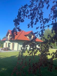 科希切日纳Pogodna Zagroda-Dom na Kaszubach & Strefa Spa的绿色庭院中一座红色屋顶的房子