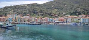 奥尔贝泰洛Orbetello Appartamento accogliente con parcheggio gratuito的港口,在水中,在城镇旁边