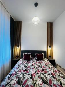 里加CHERRY apartment的一间卧室配有一张带红色枕头的大床