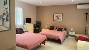 尼姆Studio indépendant calme pas loin du centre的客房设有两张带粉色床单的床和电视。
