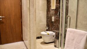 泰布克Five Seasons Hotel的一间带卫生间和玻璃淋浴间的浴室