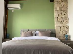 克鲁亚Pamja e Qyteteve的一间卧室设有一张大床和绿色的墙壁