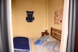 蒂拉登特斯Pousada Residência Balestra的一间卧室配有一张带蓝色床单和枕头的床。