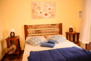 蒂拉登特斯Pousada Residência Balestra的一间卧室配有一张带蓝色枕头的大床