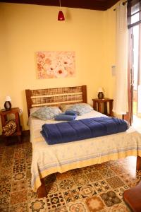 蒂拉登特斯Pousada Residência Balestra的一间卧室配有一张带蓝色床单的大床