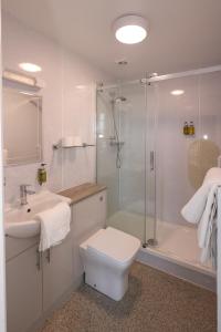 埃克斯茅斯庄园酒店的带淋浴、卫生间和盥洗盆的浴室