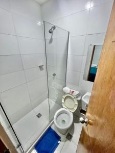 巴兰基亚Hostal Lumar的一间带卫生间和玻璃淋浴间的浴室