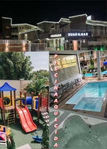 佩尼亚Pousada Duas Ilhas的游泳池和酒店的照片拼合在一起